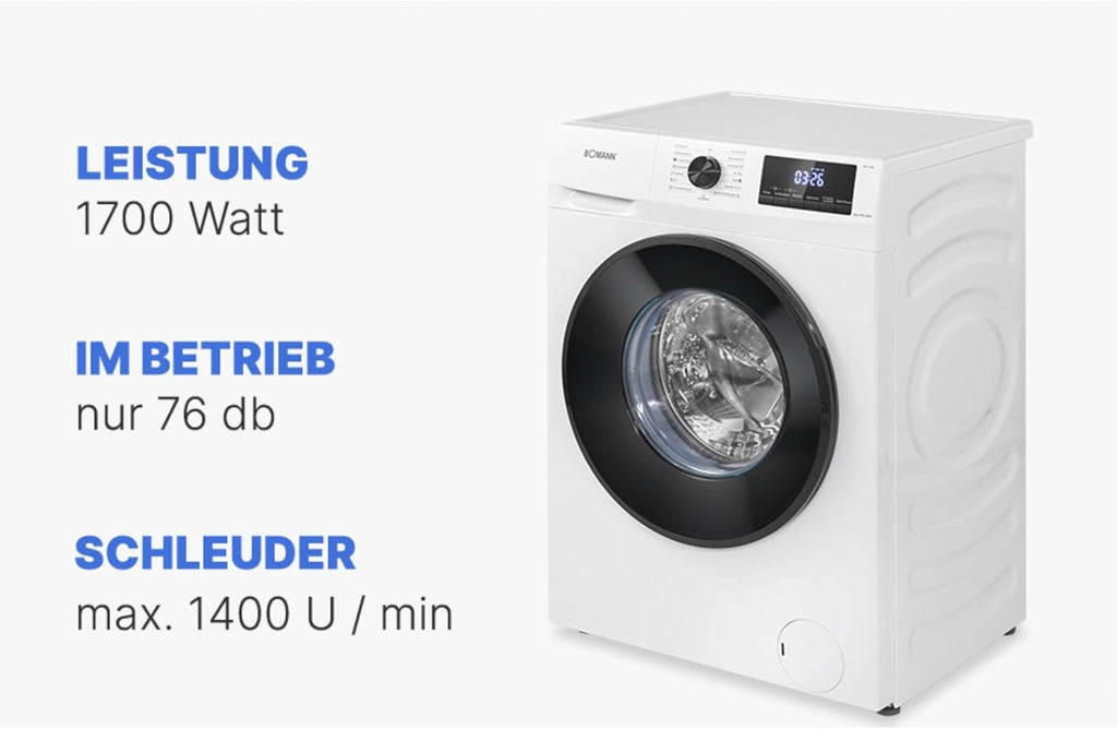 Bomann Waschmaschine 7kg | max. 1400 U/min | 10 Jahre Motor-Garantie | effizienter, leiser & langlebiger Invertermotor | 15 Programme | Endzeitvorwahl | LED-Display | Washing Machine | WA 7175 wei