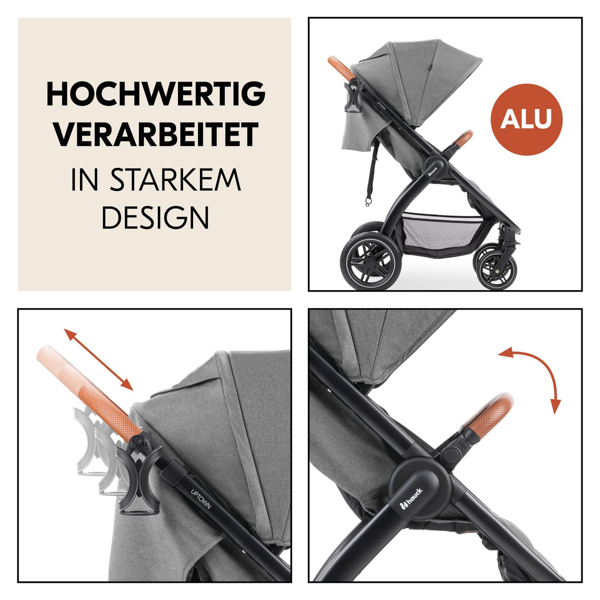 Hauck Uptown Kinderwagen Melange Rose – Kinderwagen für jedes Gelände, extra großer Sitz, flache Liegeposition, Gummiräder, Federung, kompakt und einfach zusammenklappbar, mit Regenschutz