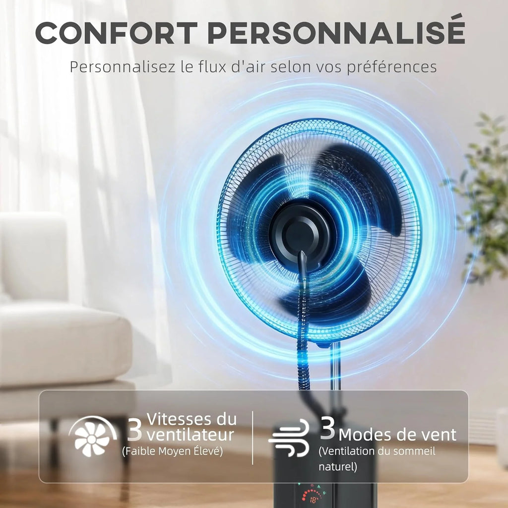 HOMCOM Ventilateur brumisateur 100 W à ionisation négative, ventilateur sur pied 130 cm, oscillation à 120°, 3 vitesses, 3 modes, réservoir d'eau 1,5 L, télécommande, minuterie 9h, roulettes, noir