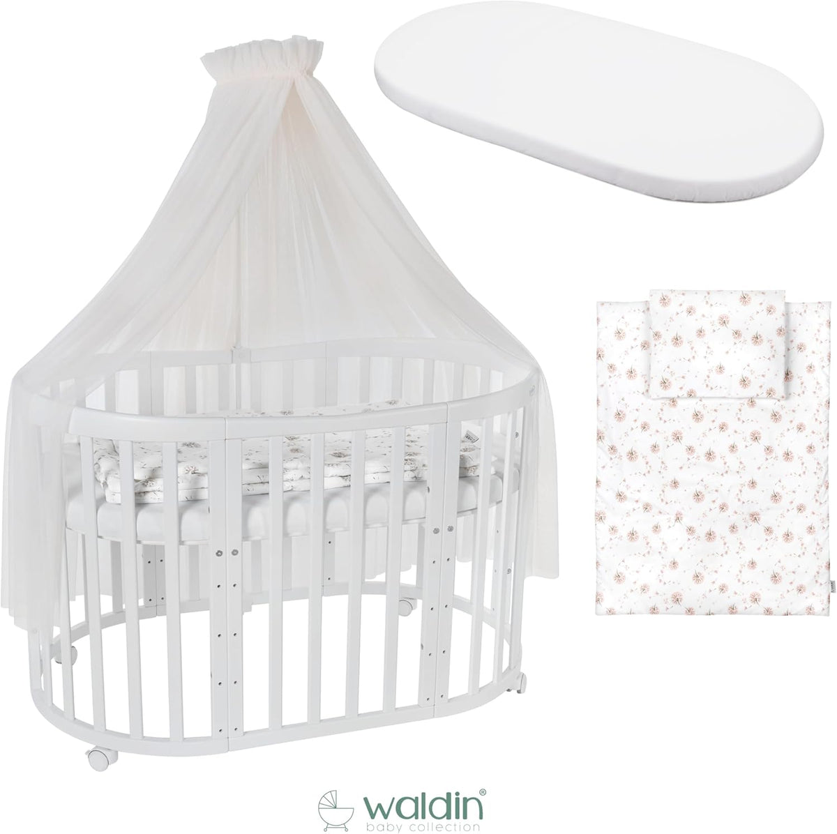 Waldin Oval Baby-Bett Mitwachsend Komplett Set 7in1, Gitterbett, Kinderbett mit Matratze, Wickelkommode, Beistellbett, Holz Weiß