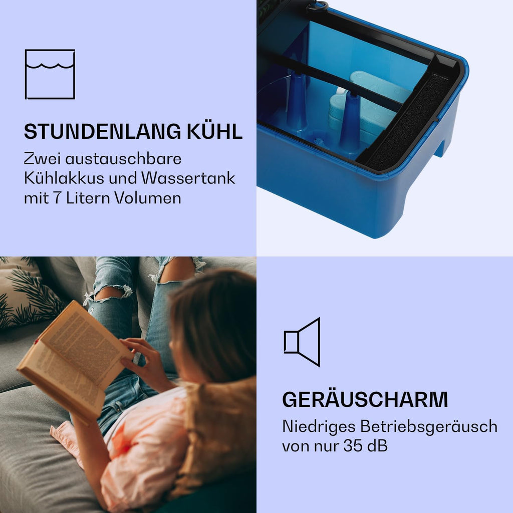 Klarstein Luftkühler mit Wasserkühlung, Leiser 4-in-1 Verdunstungskühler, Luftbefeuchter, Ventilator & Nachtmodus, Mobile Klimageräte Luftkühler 7L, 65W Air Cooler, 330m³/h Kühlender Luftstrom