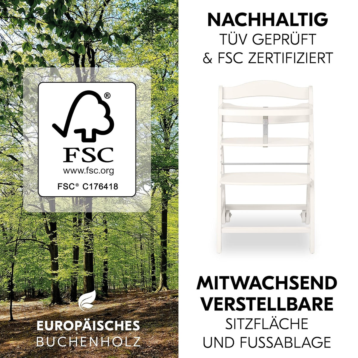 hauck Hochstuhl Beta+ Newborn Set Eco Bouncer - mitwachsender Holz Babyhochstuhl ab Geburt, inkl. Neugeborenenaufsatz, Sitzpolster und Essbrett - Dark Grey