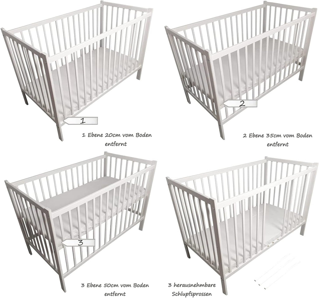Bello24 - 16 Teiliges Babybett Kinderbett und Bettwäsche komplett Set Happy Leo inkl. Matratze höhenverstellbar für Neugeborene Babys und Kleinkinder aus Massivholz (Grau - Teddybär Mond)