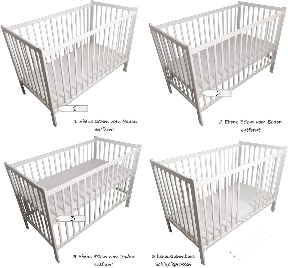Bello24 - 16 Teiliges Babybett Kinderbett und Bettwäsche komplett Set Happy Leo inkl. Matratze höhenverstellbar für Neugeborene Babys und Kleinkinder aus Massivholz (Grau - Teddybär Mond)