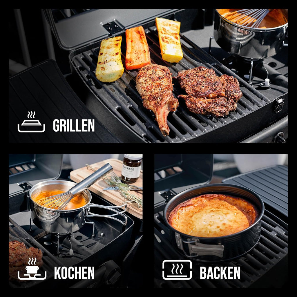 EndersGasgrill Urban II Pro, Tischgrill, Grillen-, Kochen- und Backen Funktion, 2 Brenner Edelstahl, mit Grill-Thermometer, Balkon-, Camping-Grill, Aluguss-Gehäuse, Gusseisen-Rost, #2062