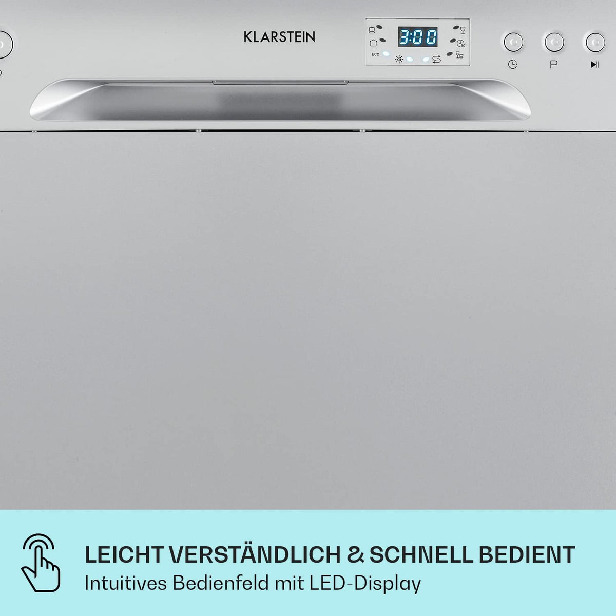 Klarstein  ia 8 - Spülmaschine, Geschirrspüler, Freistehend, Teilintegriert, F, 55 cm breit, 8 Maßgedecke, 6 Programme, Aquastop, silber