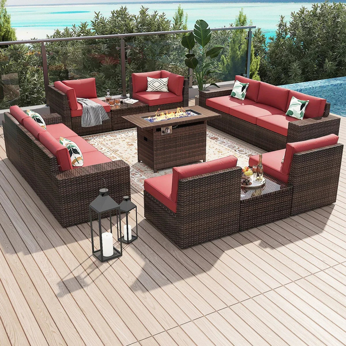 13 Pieces Patio Furniture Set with 44Fire Pit Table