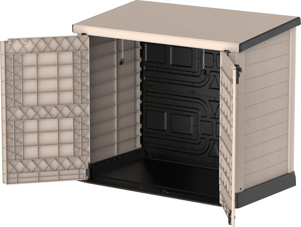 Duramax StoreAway 1200L Plastic Garden Shed/ Flat Lid, Outdoor Storage Shed, Wheelie Bin Hideaways, Wheelie bin box, Durable Construction, Ideal for Bikes, BBQs & 2x 240L Bins, 145x85x125 cm, Brown