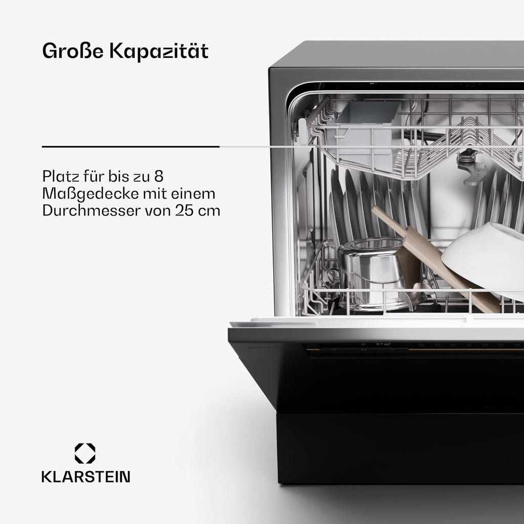 Klarstein ia 8 - Spülmaschine, Geschirrspüler, Freistehend, Teilintegriert, F, 55 cm breit, 8 Maßgedecke, 6 Programme, Aquastop, silber