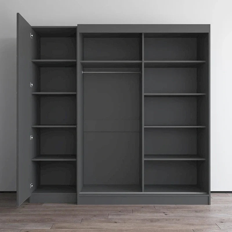2-Door Wardrobe with Mirror, Glass Front, 2-Person (Gray / Black / White)