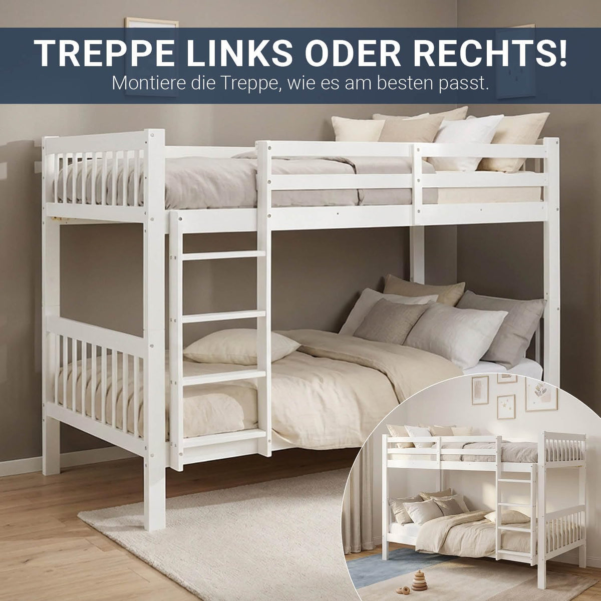 Homestyle4u, Etagenbett 2 Kinder 90x200 mit Treppe Weiß Holz Kiefer Hochbett 90x200 teilbar zu 2 Kinderbetten Doppelstockbett