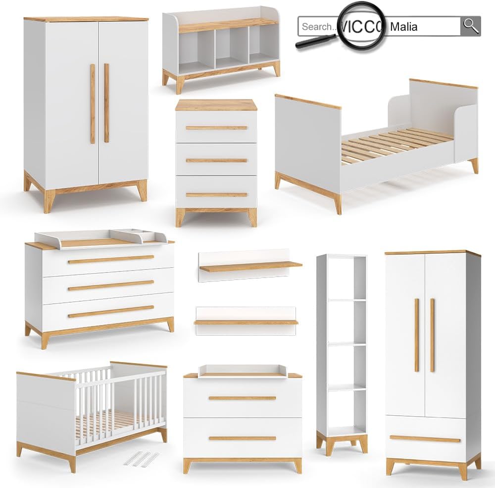 VitaliSpa Wickelkommode Malia, Weiß/Eiche, 133 x 98 cm XL mit 3 Schubladen
