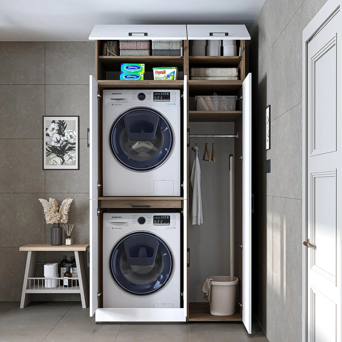 ROOMART Dora - Armoire de machine à laver - Pour sèche-linge et machine à laver - En 4 couleurs - Avec portes et panneau coulissant - Blanc - Chêne blanc - Chêne anthracite - Chêne blanc (chêne blanc)