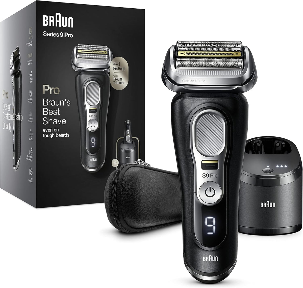 Braun Series 9 Pro Premium Rasierer Herren mit 4+1 Scherkopf, Elektrorasierer & ProLift Trimmer, PowerCase, 5-in-1 Reinigungsstation, 60 Min Laufzeit, Made in Germany, 9477cc, silber