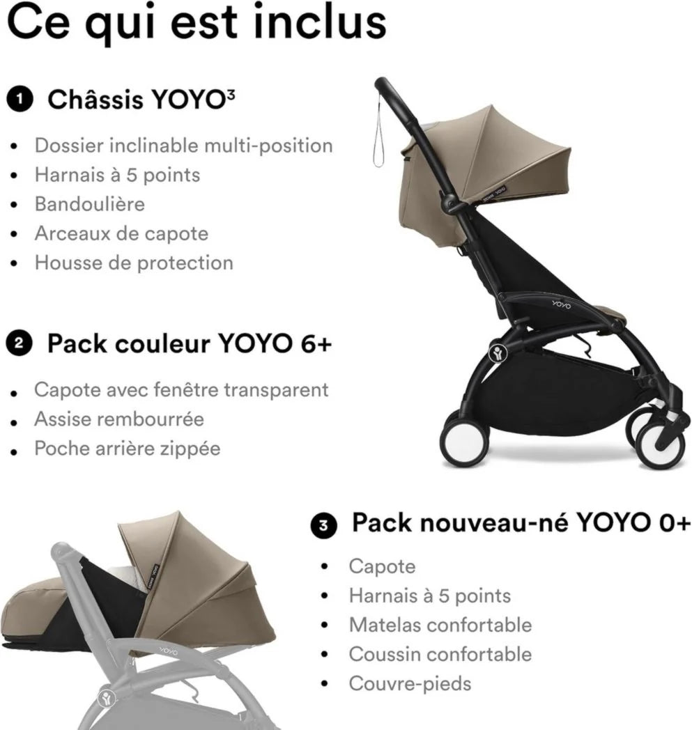 Poussette Stokke YOYO3 avec pack nouveau-né et pack couleur 6+ - Comprend un cadre noir, un pack couleur YOYO 6+ (gingembre) et un pack nouveau-né 0+ (gingembre)