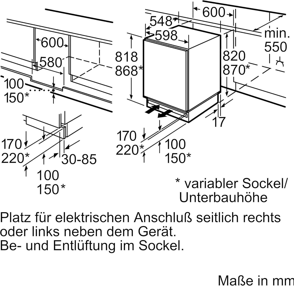 Bosch KUL15AFF0 Serie 6 Unterbau-Kühlschrank, 82 x 60 cm Nische, 123 L, Flachscharnier, Made in Germany, LED-Beleuchtung gleichmäßige Ausleuchtung, MultiBox Lagerung von Obst und Gemüse