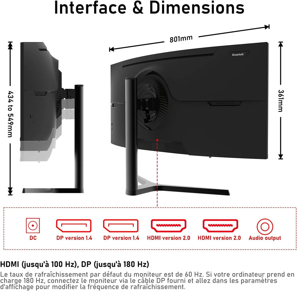 Gawfolk Écran PC Ultra Large 34 Pouces 1000R incurvé 180Hz Gaming Computer Moniteur 21:9 UWQHD (3440x1440),1ms,100% sRGB,Adaptive Sync,Display Port、HDMI,Fonction de Levage,Compatible avec Mural -Noir