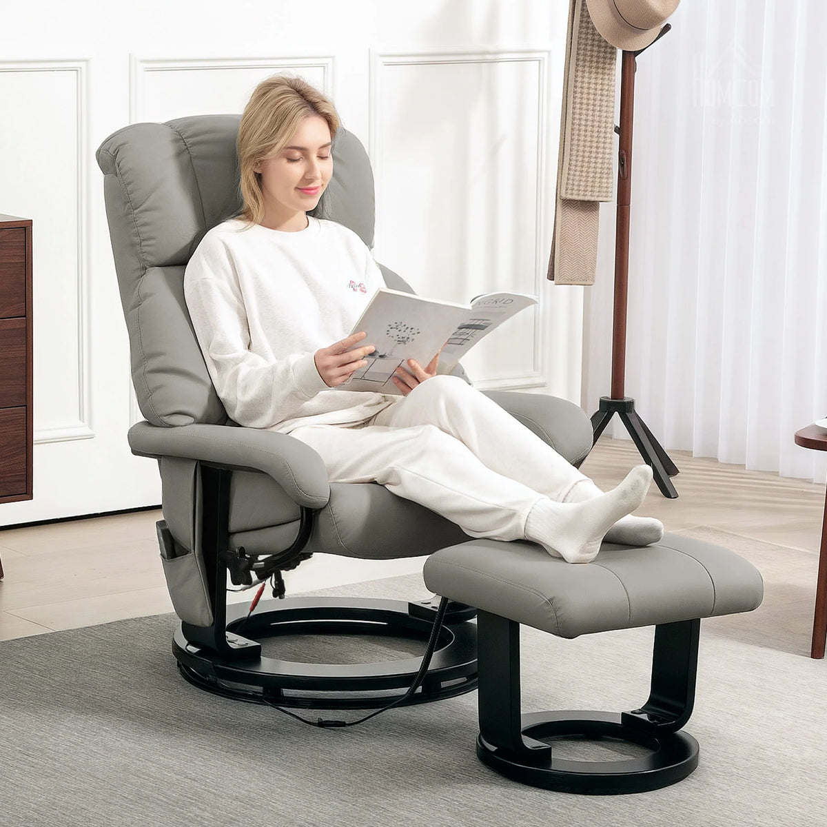 HOMCOM Relaxsessel Grau mit Massage, Liegefunktion & Fußhocker, Kunstleder