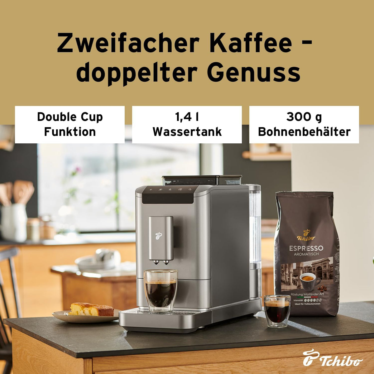 Tchibo Kaffeevollautomat Esperto2 Caffè mit 2-Tassen-Funktion für Caffè Crema und Espresso, Granite Black - INKLUSIVE Kaffeeprobierset GRATIS