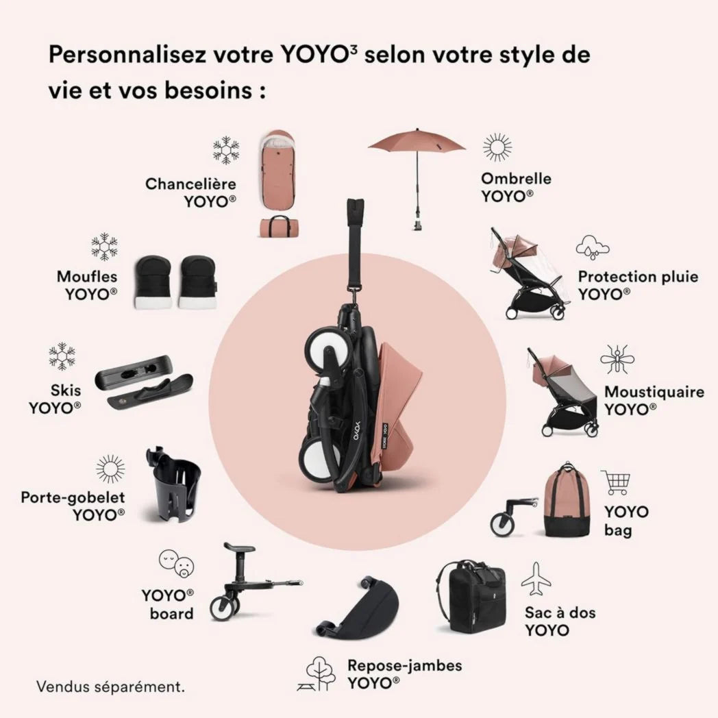 Poussette Stokke YOYO3 avec pack nouveau-né et pack couleur 6+ - Comprend un cadre noir, un pack couleur YOYO 6+ (gingembre) et un pack nouveau-né 0+ (gingembre)