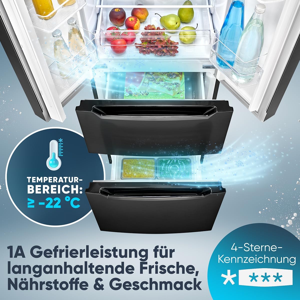 Bomann® Kühlschrank mit Gefrierfach | No-Frost Gefrierteil | 186cm Kühlschrank | 39dB | Kühl Gefrierkombination mit MultiAirflow | 320L | Kühl Gefrierkombination No-Frost | KG 7361 schwarz-inox