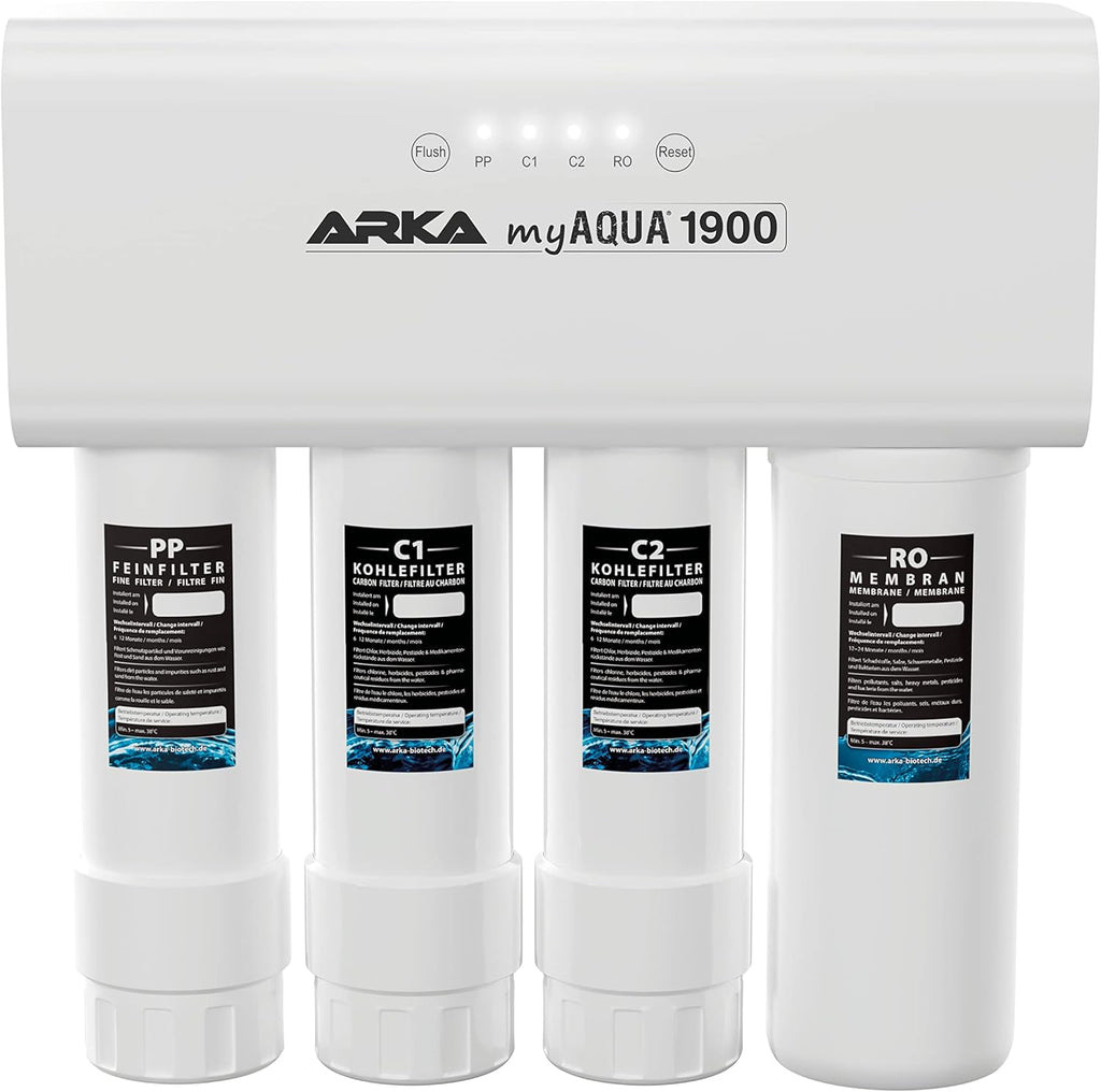 ARKA myAQUA 1900 Umkehrosmoseanlage 1900 L/Tag - Wasserfilter & Enthärtungsanlage, entfernt bis zu 99% Salze, Schadstoffe & Bakterien - Für Aquarien & Haushalt