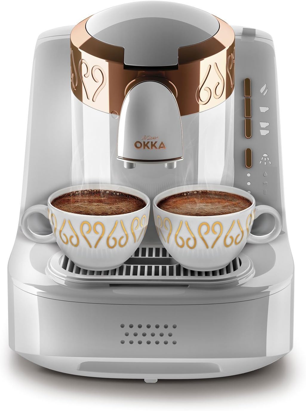 Arzum Okka Türkischer Kaffeemaschine, Vollautomatisch, 3 Tassen Größen, Selbstreinigungsfunktion, 950 ml Wassertank, Überschutzsensor, Kompaktes Design, Schwarz-Gold