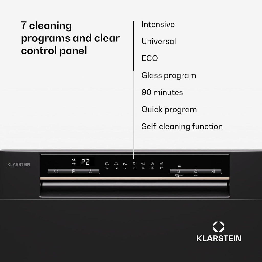 Klarstein  ia 8 - Spülmaschine, Geschirrspüler, Freistehend, Teilintegriert, F, 55 cm breit, 8 Maßgedecke, 6 Programme, Aquastop, silber