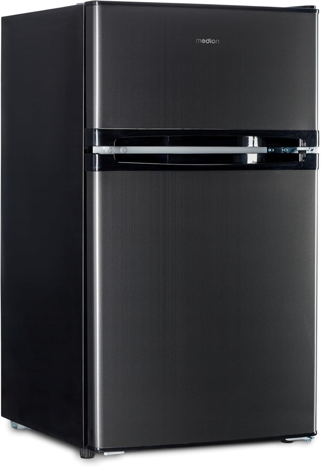 MEDION Mini Kühl-Gefrierkombination (85 Liter, 61L Kühlteil, 24L Gefrierteil, freistehend, 40 dB, transparente Gemüseschublade, Türanschlag wechselbar, MD 37689) grau