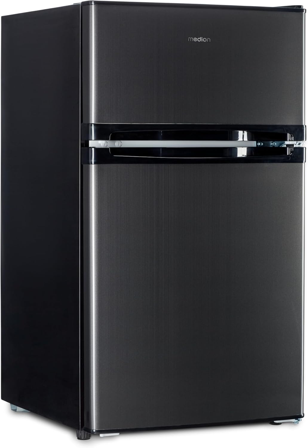 MEDION Mini Kühl-Gefrierkombination (85 Liter, 61L Kühlteil, 24L Gefrierteil, freistehend, 40 dB, transparente Gemüseschublade, Türanschlag wechselbar, MD 37689) grau