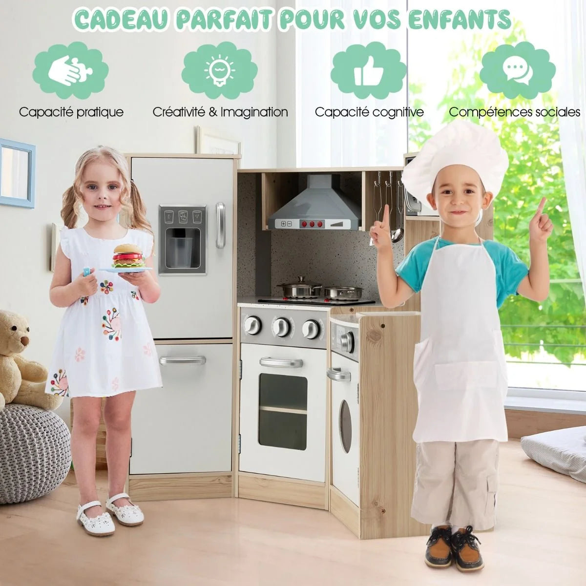 Cuisine Enfants en Bois XXL Angle 105 x 49 x 85 cm ( L x l x H ) Cuisine Complet avec Four Lave Linge 3 An+