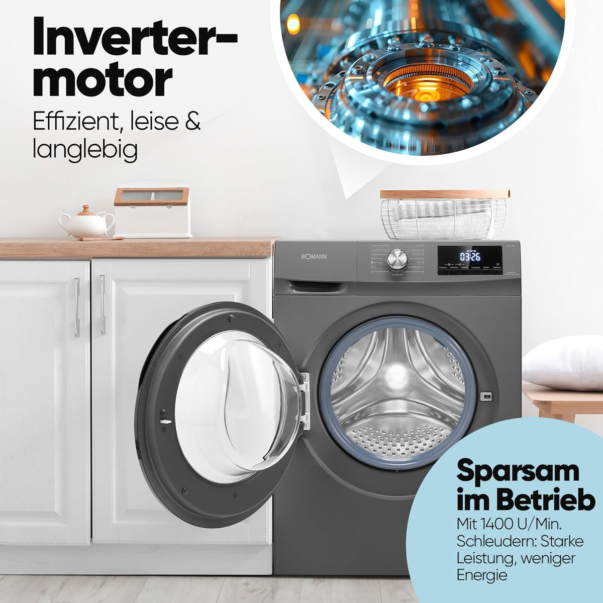 Bomann Waschtrockner Waschen und Trocknen 10 Jahre Motor-Garantie 8 kg Waschen, 5 kg Trocknen Invertermotor 1400 U/Min Waschmaschine mit Trockner integriert WAT 7186 titan