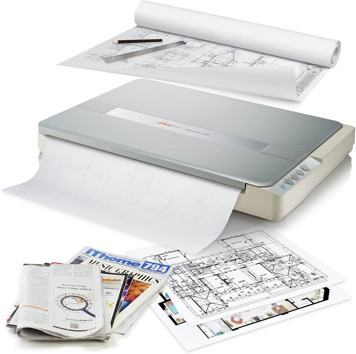 Plustek A3-Flachbettscanner OS1180, für A3-Grafiken und Dokumente Design für Büchereien, Schulen und kleine Büros. Benötigt ca. 9 Sekunden für EIN A3-Dokument.