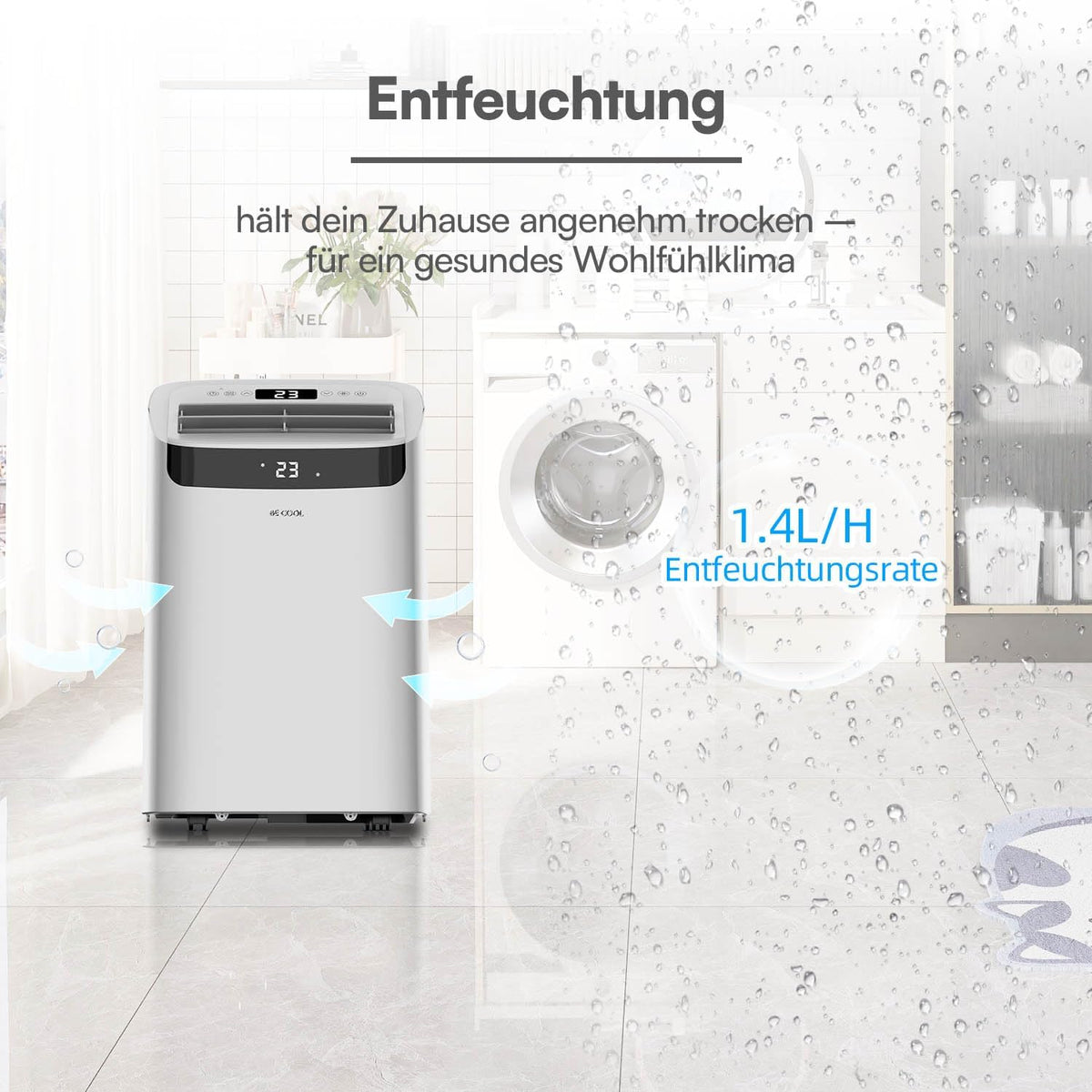 BE COOL mobiles Klimagerät 14000 BTU mit Heizung & WLAN, 4 in 1 Klimaanlage mit Entfeuchter und Ventilator, für Räume bis 48 m², Fernbedienung, Timer, Alexa & Google Assistant, grau