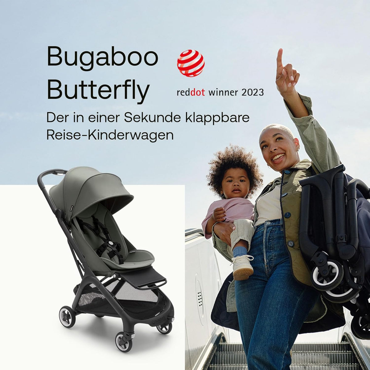 Bugaboo Butterfly ultrakompakter Reise-Kinderwagen, klein & leicht, einhändig faltbar und einfach zu lenken, ergonomischer City-Buggy für Babys ab 6 Monaten, mit viel Stauraum, Stormy Blue
