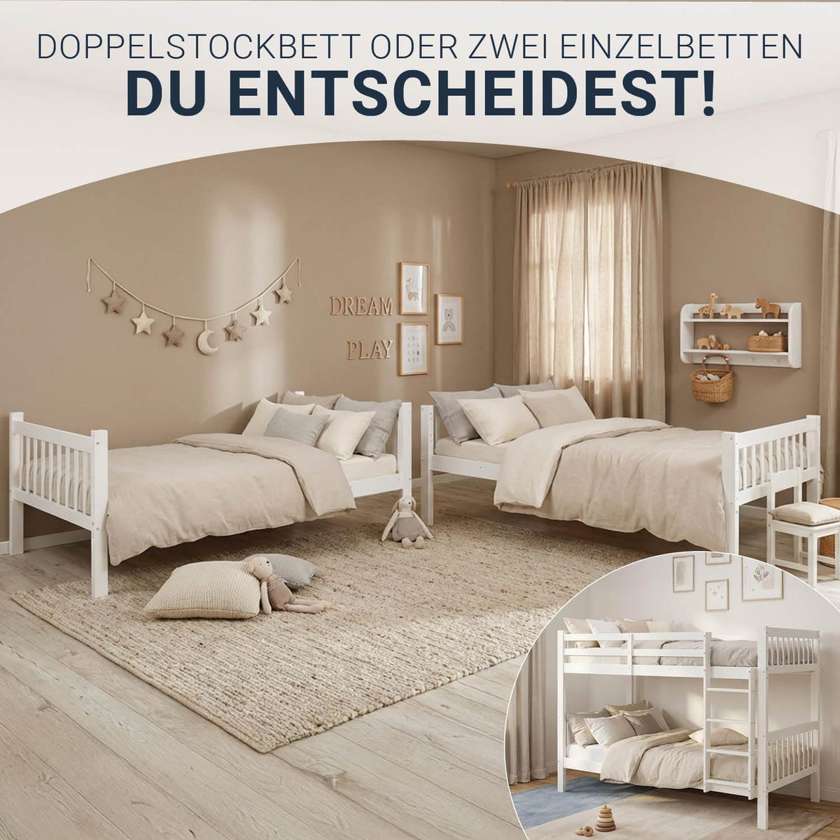 Homestyle4u, Etagenbett 2 Kinder 90x200 mit Treppe Weiß Holz Kiefer Hochbett 90x200 teilbar zu 2 Kinderbetten Doppelstockbett