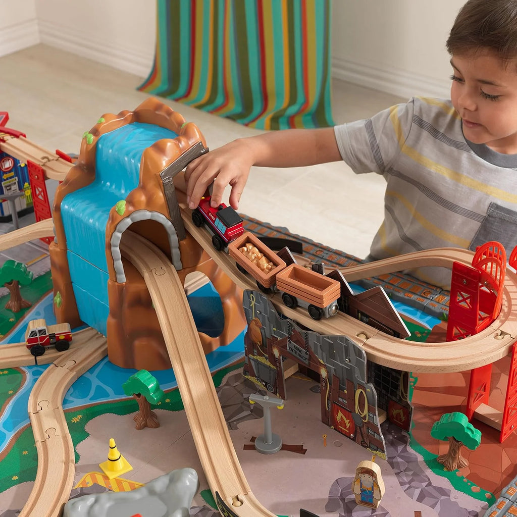 KidKraft Waterfall Mountain Wooden Train and Table Set with Storage Boxes, Railway Circuit with Cars, Helicopter and Plane Toy Children 3+ Years (17850)