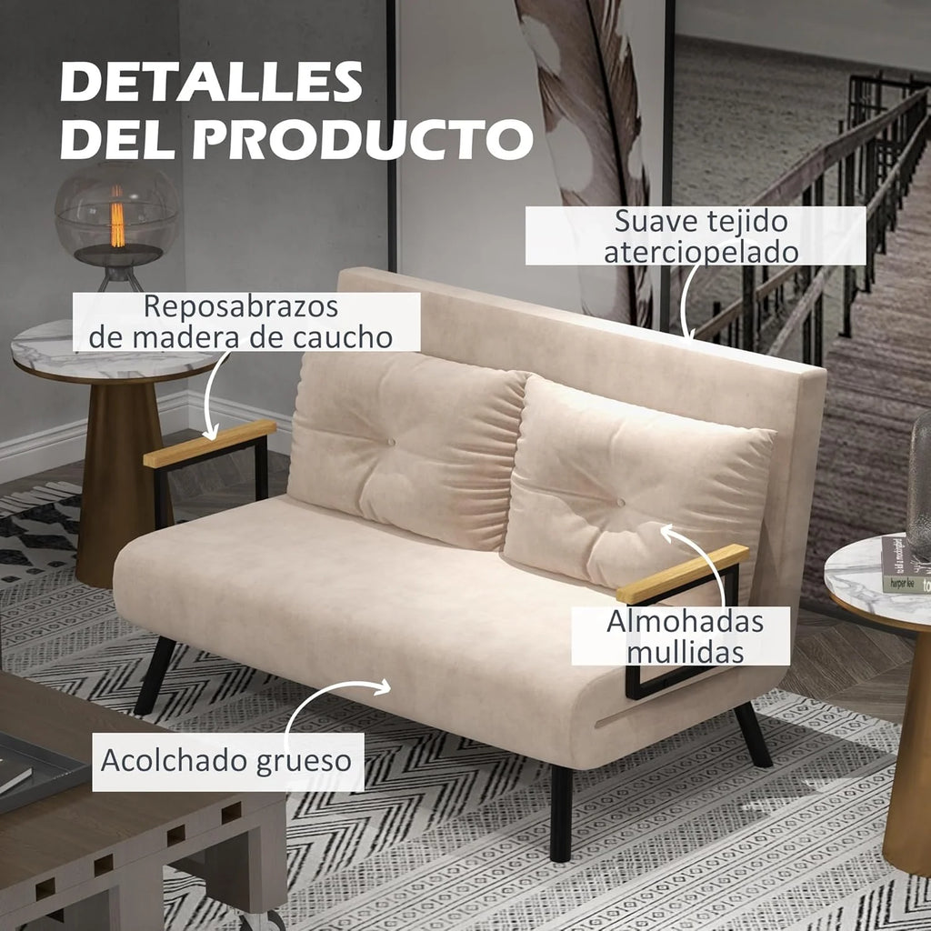 HOMCOM Sofa Bed 2 Seater Folding Sofa Bed Upholstered in Velvet with 5 Levels Adjustable Backrest and Padded Pillows for Office Bedroom Living Room 102 x 73 x 81 cm Beige