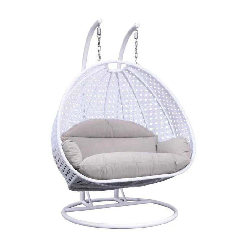 Egg-Shaped Hanging Swing Chair with Metal Stand, Wicker Frame & Cushion �C Beige / Charcoal Blue / White / Blue / Antique White / Brown / Canvas, Seats 2