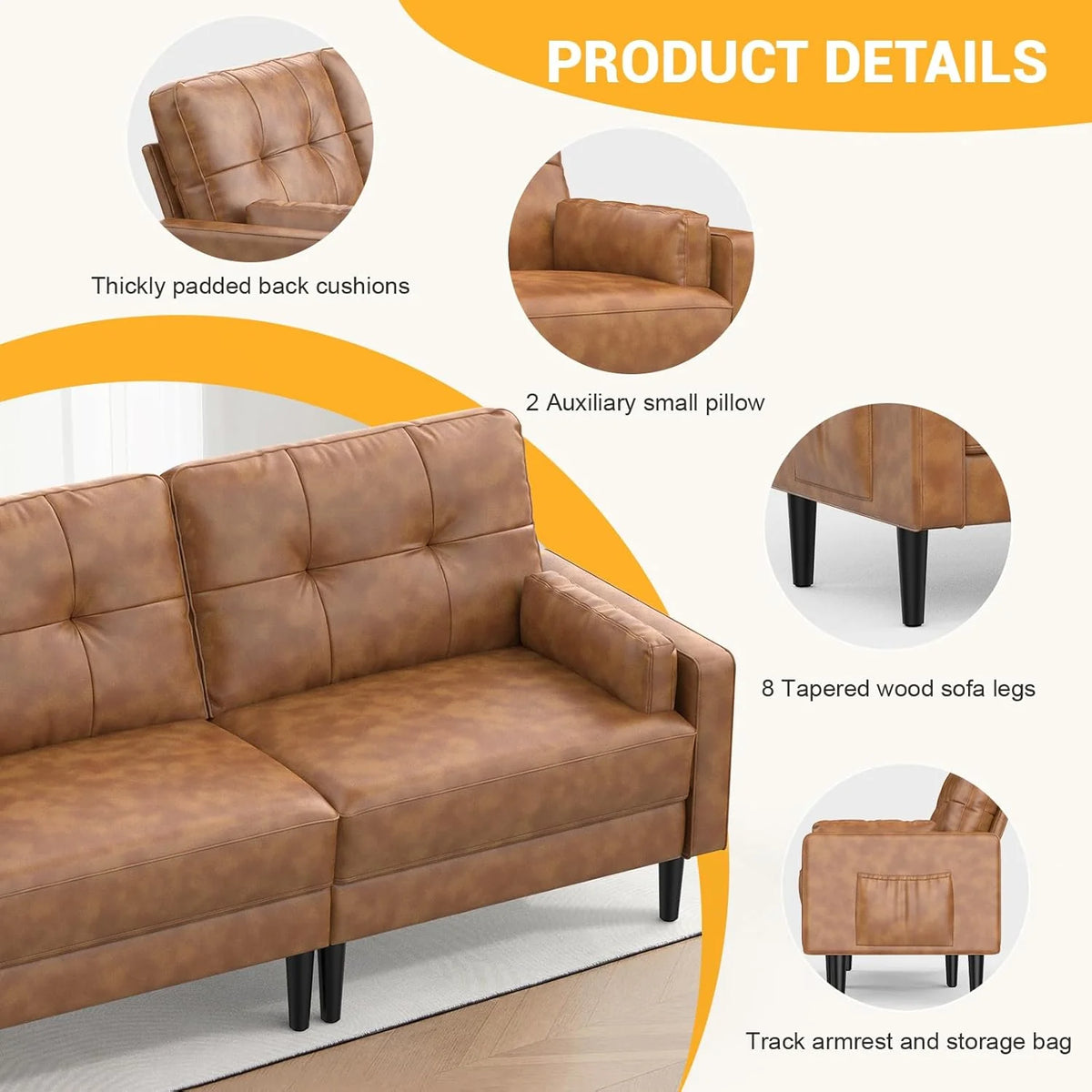 Aotumm Ciort Sofa 2 Plazas, Sofá Moderno con Cojines Gruesos, 2 Almohadas, Cómodo Sofá de Cuero con 2 Bolsillos de Almacenamiento para Sala de Estar/Dormitorio/Oficina, Sofá Pequeño (Marrón)