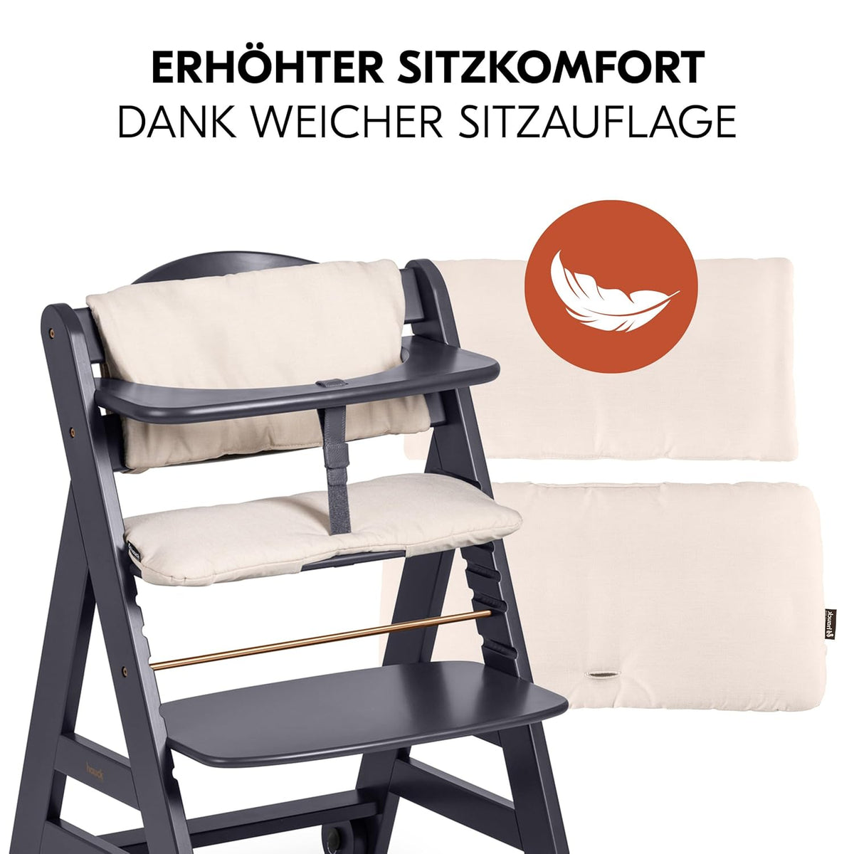 hauck Hochstuhl Beta+ Newborn Set Eco Bouncer - mitwachsender Holz Babyhochstuhl ab Geburt, inkl. Neugeborenenaufsatz, Sitzpolster und Essbrett - Dark Grey