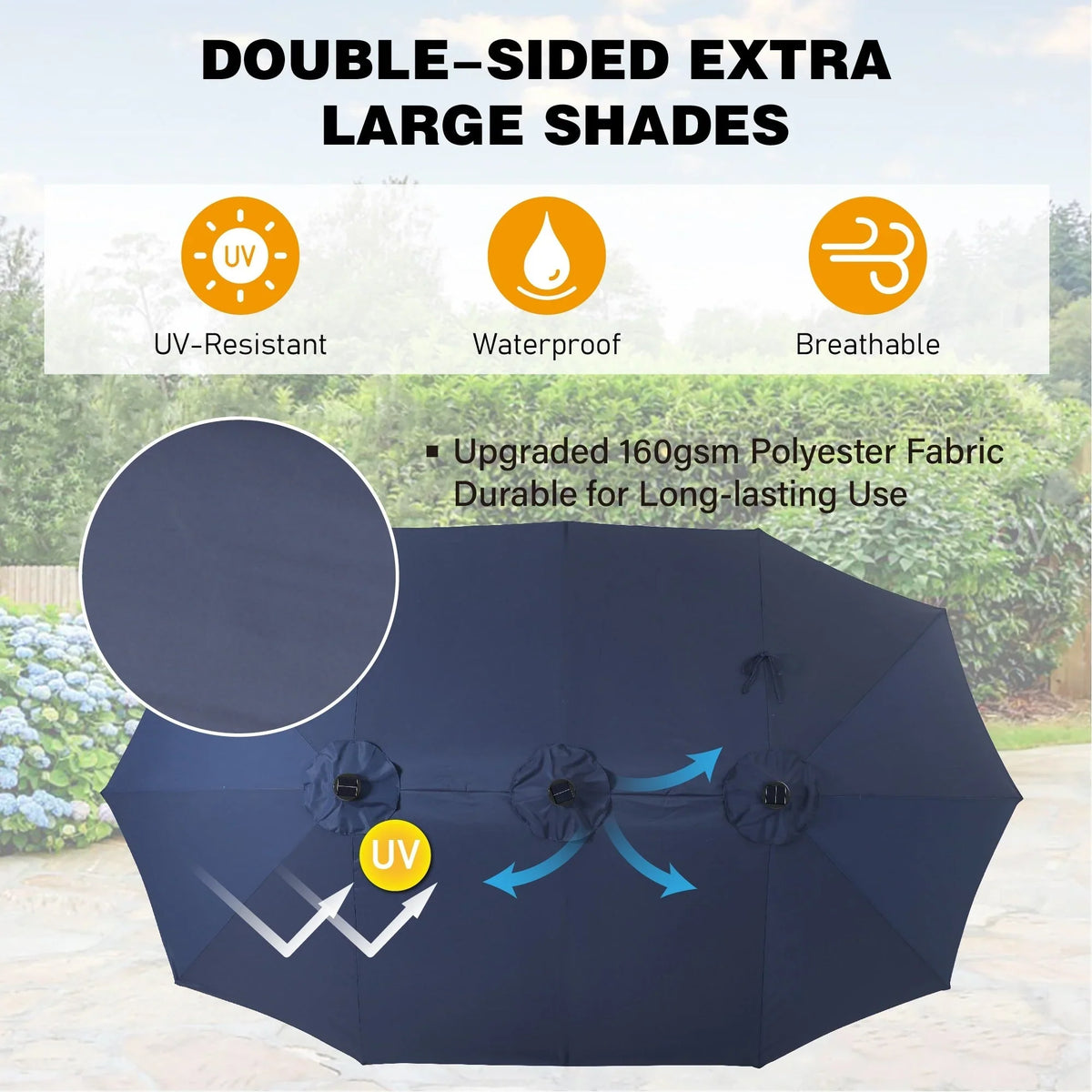 15-foot Rectangular Crank Double-sided Outdoor Market Umbrella Solar LED Lighted Patio Umbrella with Base Included