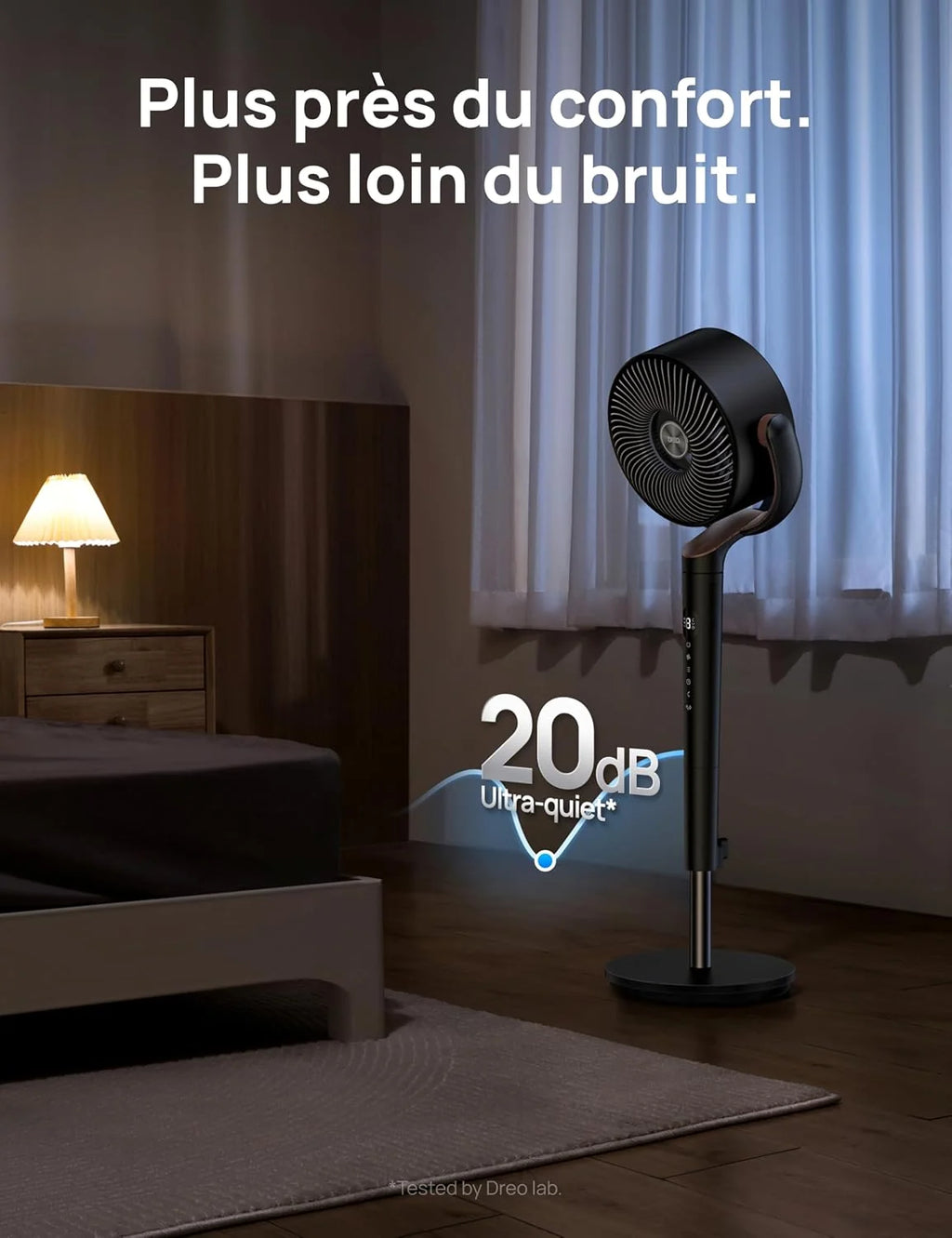 DREO ventilateur sur pied silencieux 20 dB avec oscillation omnidirectionnelle 120°+120°, portée du vent 26 m, débit d’air 1615 m³/h, circulateur Turbo, hauteur réglable 94–107 cm, 3 modes, 8 vitesses