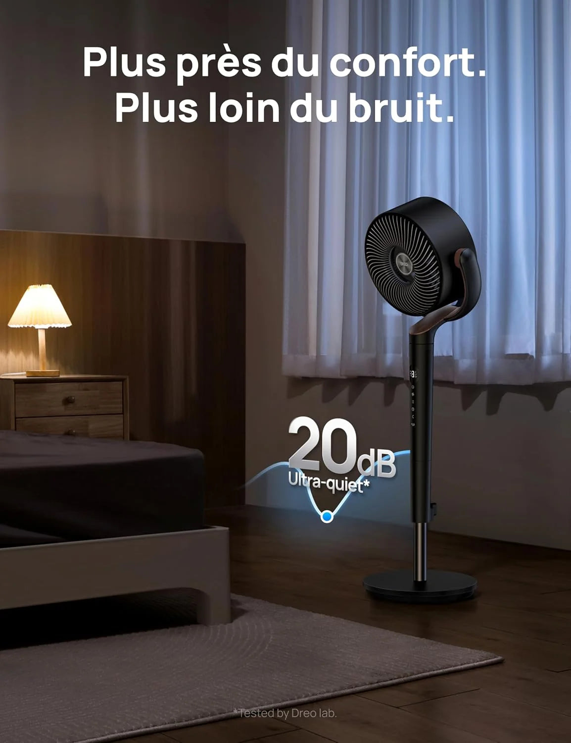 DREO ventilateur sur pied silencieux 20 dB avec oscillation omnidirectionnelle 120°+120°, portée du vent 26 m, débit d’air 1615 m³/h, circulateur Turbo, hauteur réglable 94–107 cm, 3 modes, 8 vitesses