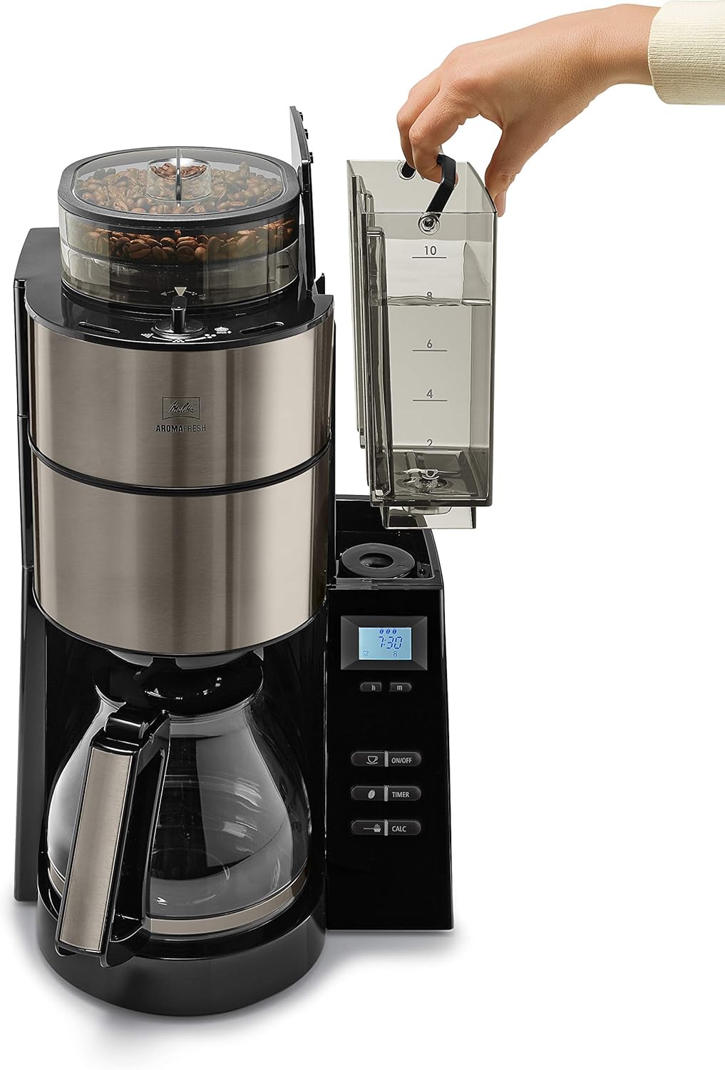 Melitta AromaFresh - Filterkaffeemaschine - mit Glaskanne - integriertes Mahlwerk - Timer Funktion - 10 Tassen - Pure Black