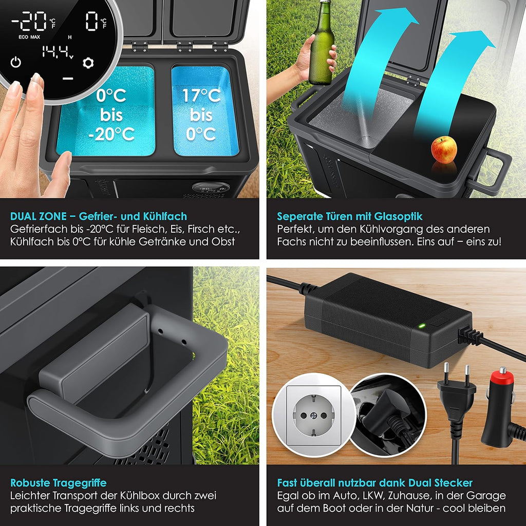 KESSER® Kompressor Kühlbox 2in1 Doppelzone Kühl & Gefrierfach elektrische Gefrierbox mit 2x Kühlakkus & LED-Touch-Bedienung | Kühlschrank Kühlung bis -20 °C für Camping, Auto, Lkw 12/24V 230V