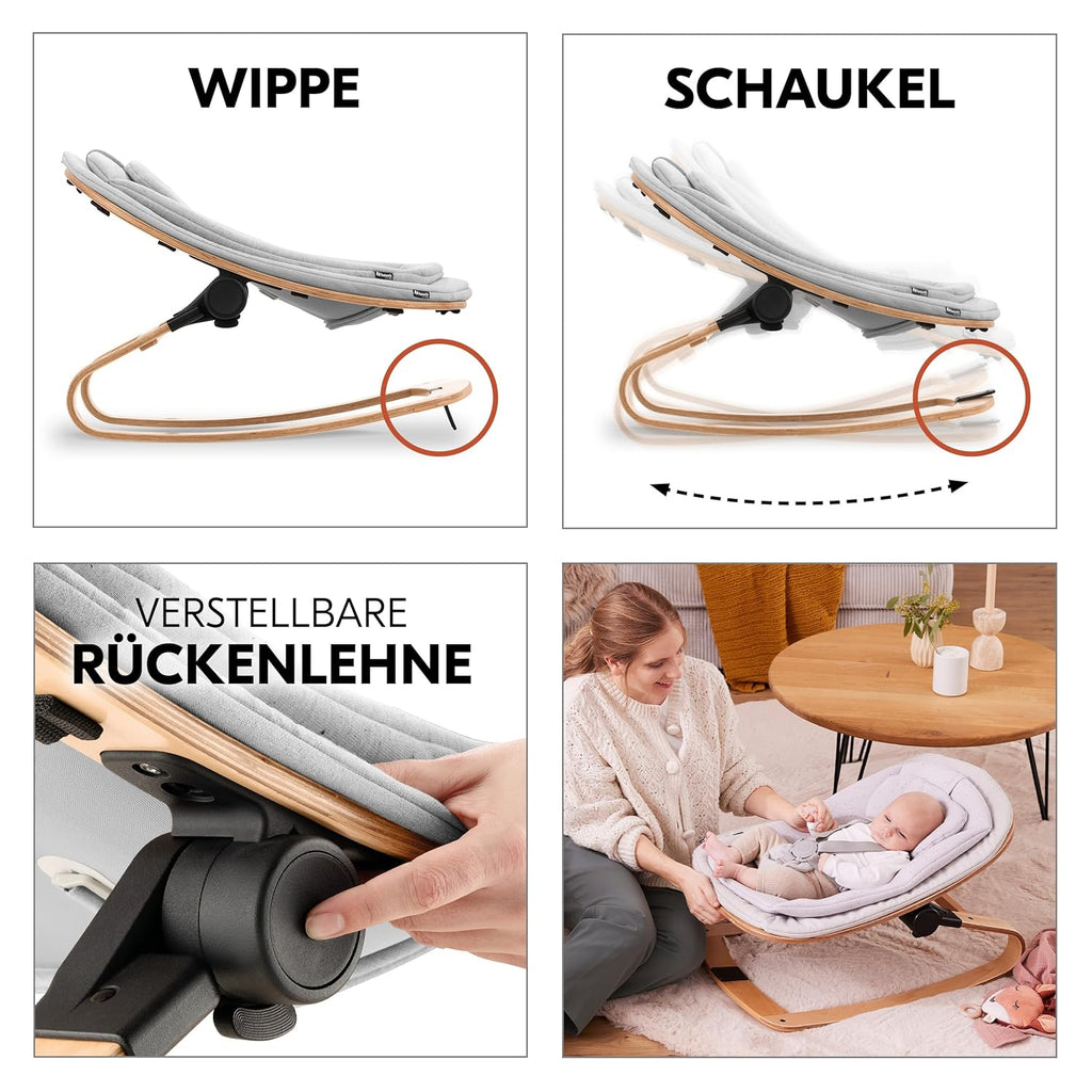 hauck Hochstuhl Beta+ Newborn Set Eco Bouncer - mitwachsender Holz Babyhochstuhl ab Geburt, inkl. Neugeborenenaufsatz, Sitzpolster und Essbrett - Dark Grey