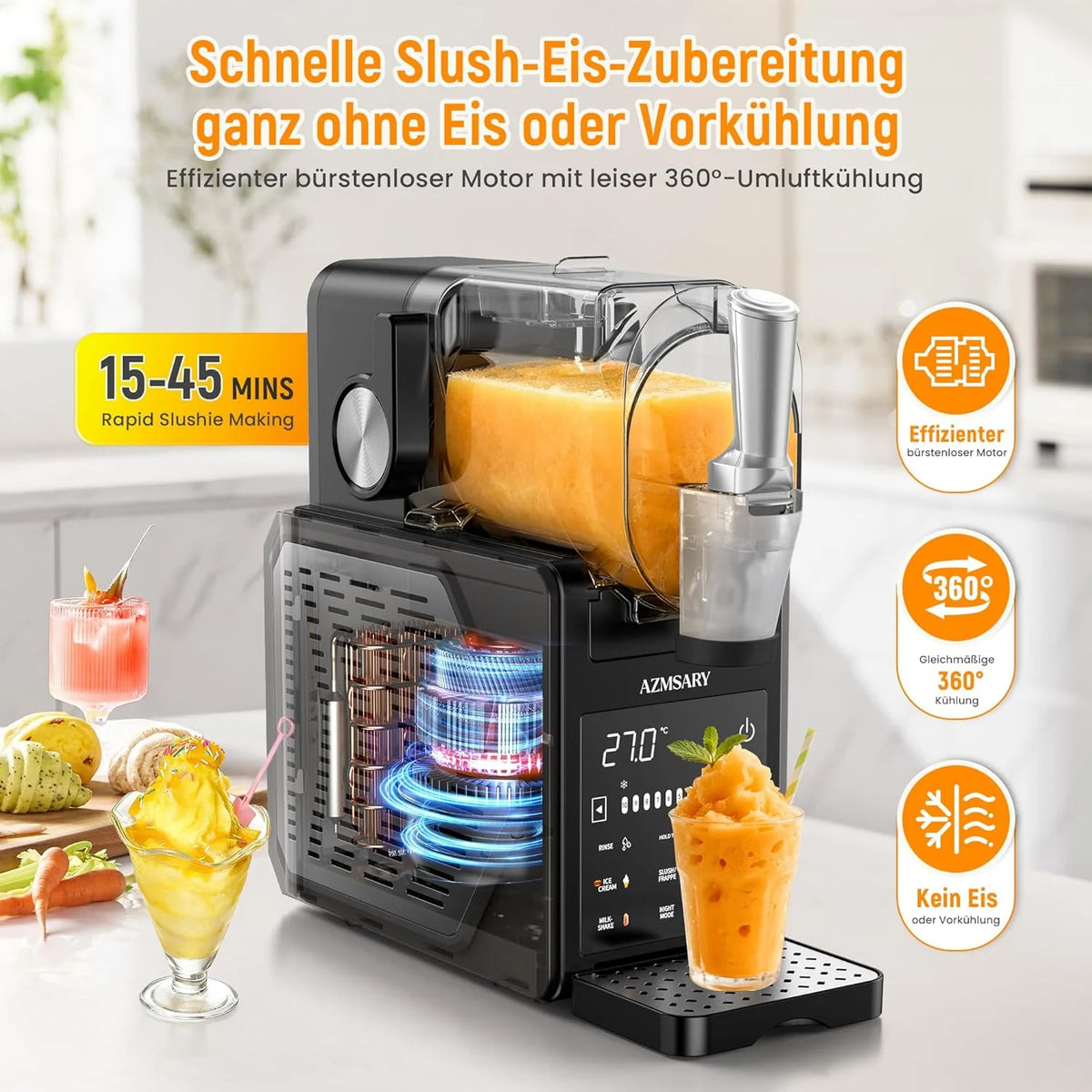 Machine à granita – 2,5 L slushie pour la maison, avec écran LED, 6 programmes préréglés pour crème glacée, margaritas, frappés, milkshakes, nettoyage automatique, sans glace (Black)