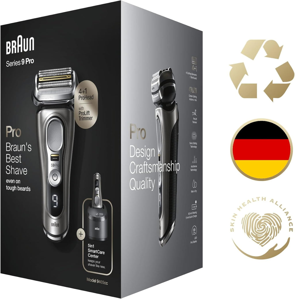 Braun Series 9 Pro Premium Rasierer Herren, Testsieger Stiftung Warentest, 4+1 Scherkopf, Elektrorasierer & Trimmer, Reinigungsstation, 60 Min Laufzeit, 9465cc, noble metal