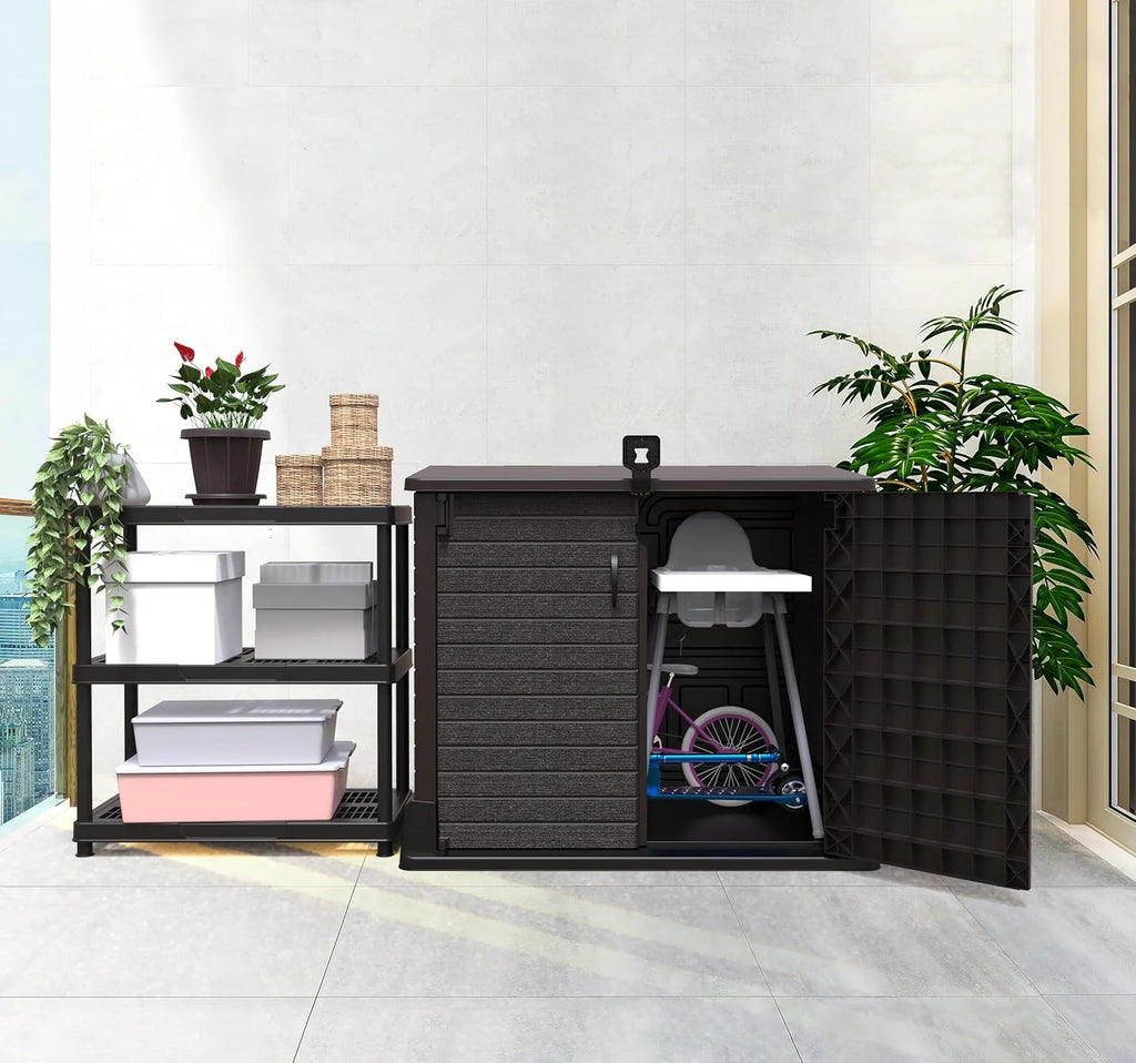 Duramax StoreAway 1200L Plastic Garden Shed/ Flat Lid, Outdoor Storage Shed, Wheelie Bin Hideaways, Wheelie bin box, Durable Construction, Ideal for Bikes, BBQs & 2x 240L Bins, 145x85x125 cm, Brown